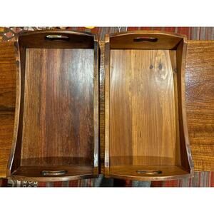 Pair of Signed Handmade Wooden Trays | Rustic Serving Platters with Handles